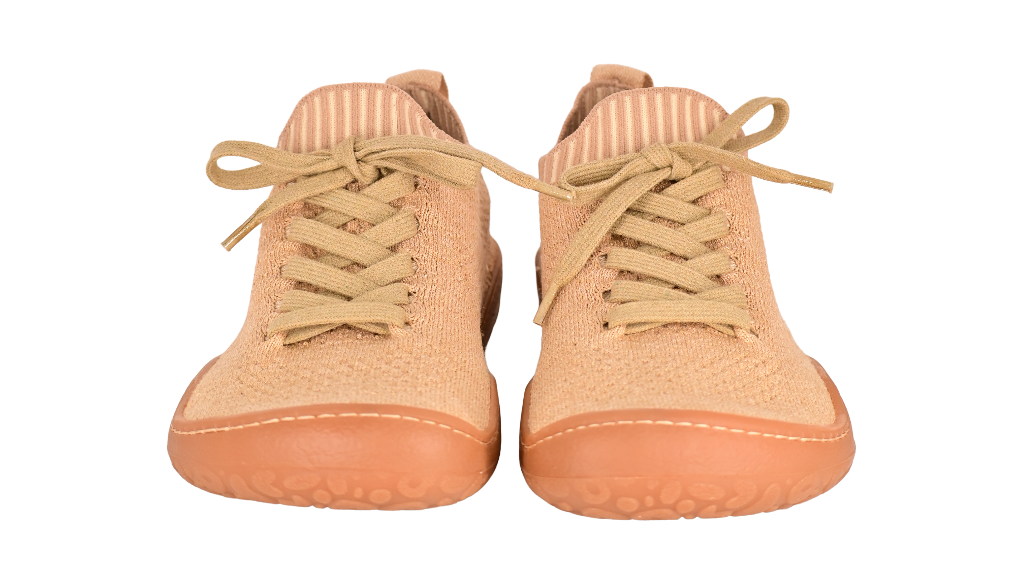 Barfußschuh mit Schnürsenkeln, geschlossener Zehenbox und geschlossenem Fersenbereich, flexible Sohle, Vorderansicht als Paar