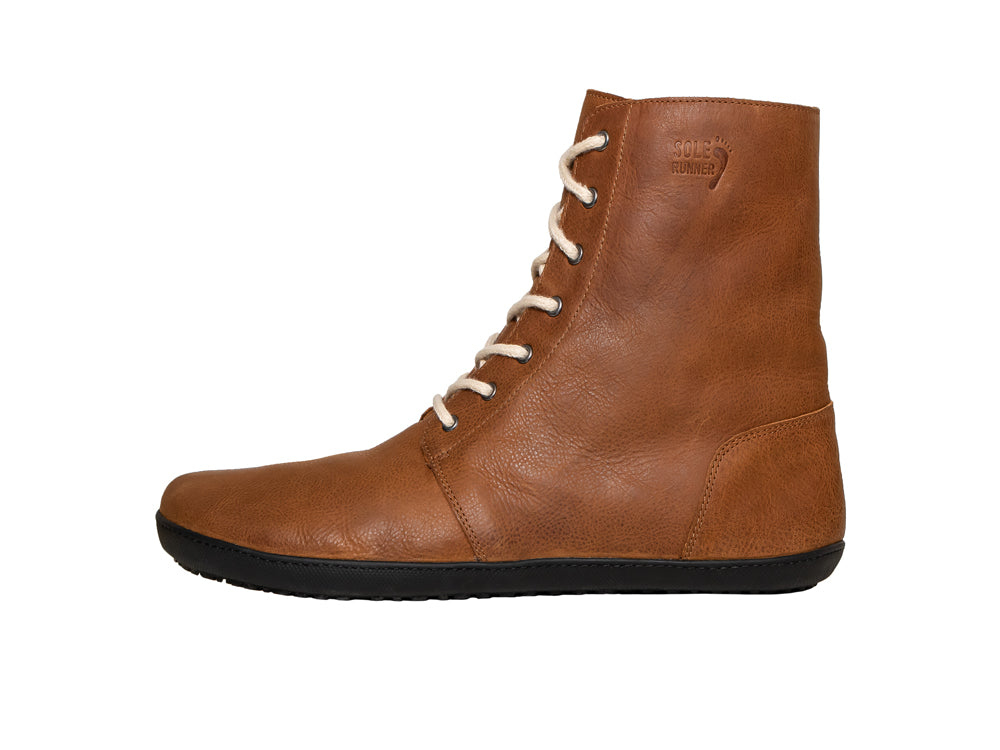 Barfußwinterstiefel, geschlossene Zehen und geschlossener Fersenbereich, Schnürsenkel, flexible Sohle, einzelner Schuh, Seitenansicht innen