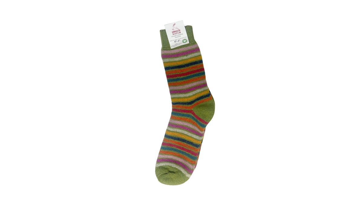 Socken ohne separate Zehen, wadenhoher Schaft, elastischer Bund, gestreiftes Strickmuster, verstärkter Fersen- und Zehenbereich, Draufsicht