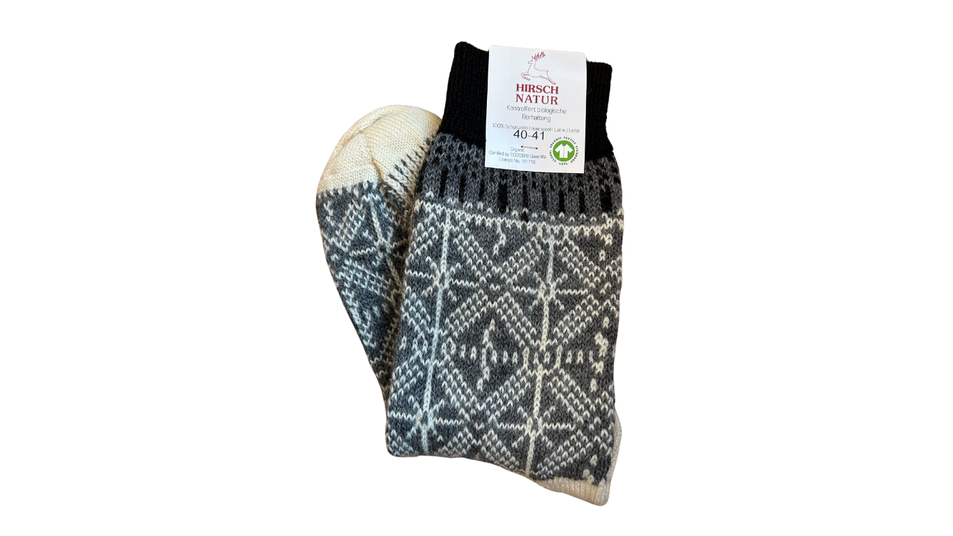 Socken ohne separate Zehen, wadenhoher Schaft, elastischer Bund, gemustertes Schaftteil, verstärkter Fersen- und Zehenbereich, Seitenansicht außen