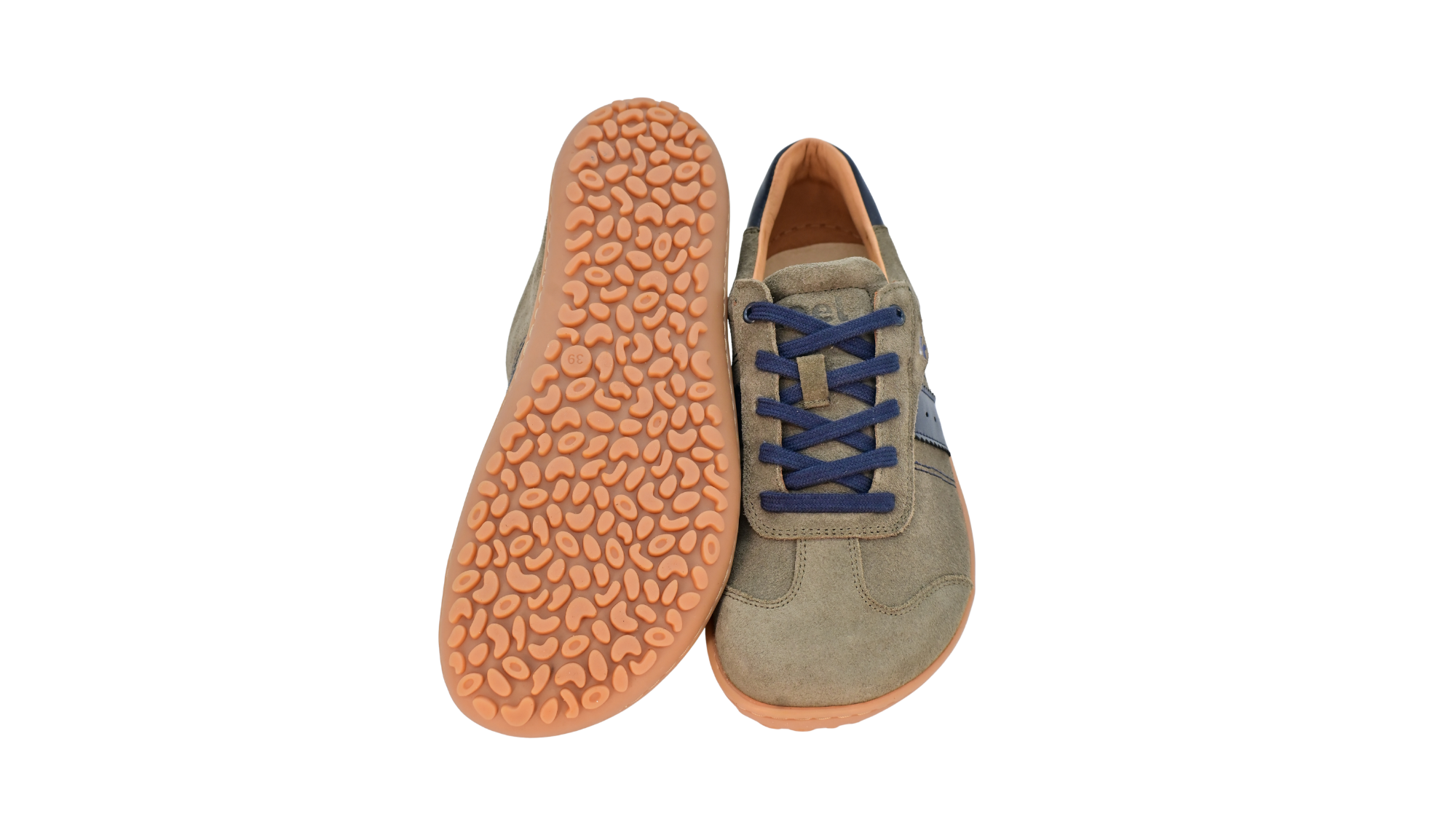 Barfußschuh für Erwachsene, geschlossene Zehenpartie, geschlossener Fersenbereich, Schnürung, seitlicher Streifen mit Perforation, flache Sohle, Ansicht von unten und Draufsicht, Paar