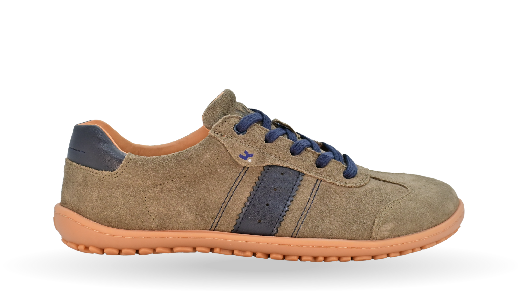 Barfußschuh für Erwachsene, geschlossene Zehenpartie, geschlossener Fersenbereich, Schnürung, seitlicher Streifen mit Perforation, flache Sohle, Seitenansicht außen