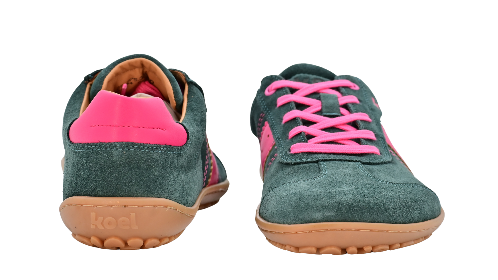 Barfußschuh für Erwachsene, geschlossene Zehenpartie, geschlossener Fersenbereich, Schnürung, seitlicher Streifen mit Perforation, flache Sohle, Vorder- und Rückansicht, Paar