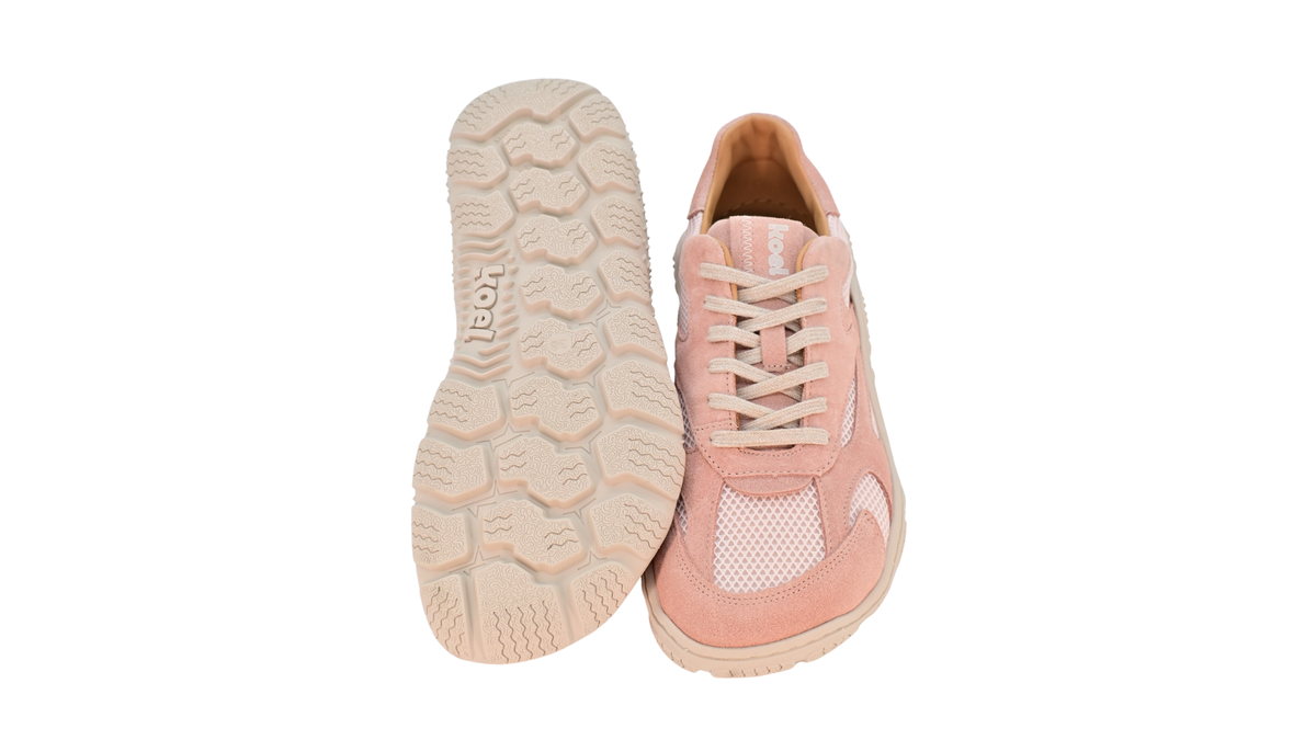 Barfußschuh für Erwachsene, geschlossene Zehenpartie, geschlossener Fersenbereich, Schnürung, textile Einsätze im Seitenbereich, profilierte Sohle, Ansicht von unten und Draufsicht als Paar