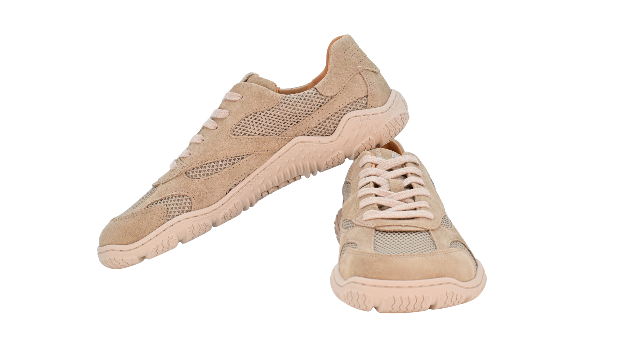 Barfußschuh für Erwachsene, geschlossene Zehenpartie, geschlossener Fersenbereich, Schnürung, textile Einsätze im Seitenbereich, profilierte Sohle, Seitenansicht und Vorderansicht als Paar