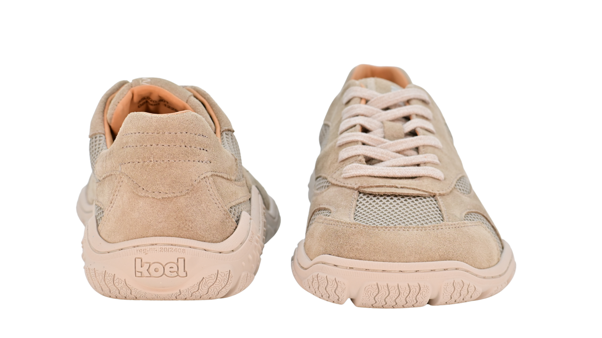 Barfußschuh für Erwachsene, geschlossene Zehenpartie, geschlossener Fersenbereich, Schnürung, textile Einsätze im Seitenbereich, profilierte Sohle, Rückansicht und Vorderansicht als Paar