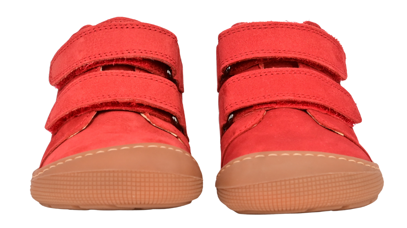 Barfußschuh für Kinder, knöchelhoch, geschlossene Zehen und geschlossener Fersenbereich, Doppelklettverschluss, flexible Sohle, Vorderansicht als Paar