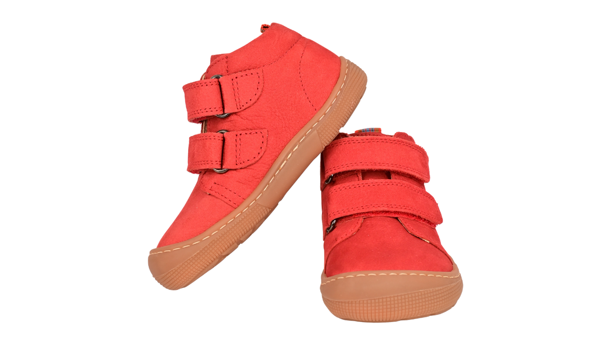 Barfußschuh für Kinder, knöchelhoch, geschlossene Zehen und geschlossener Fersenbereich, Doppelklettverschluss, flexible Sohle, Vorder- und Seitenansicht als Paar