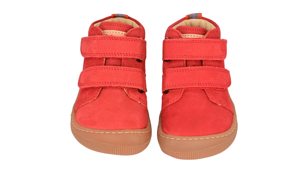 Barfußschuh für Kinder, knöchelhoch, geschlossene Zehen und geschlossener Fersenbereich, Doppelklettverschluss, flexible Sohle, Draufsicht als Paar
