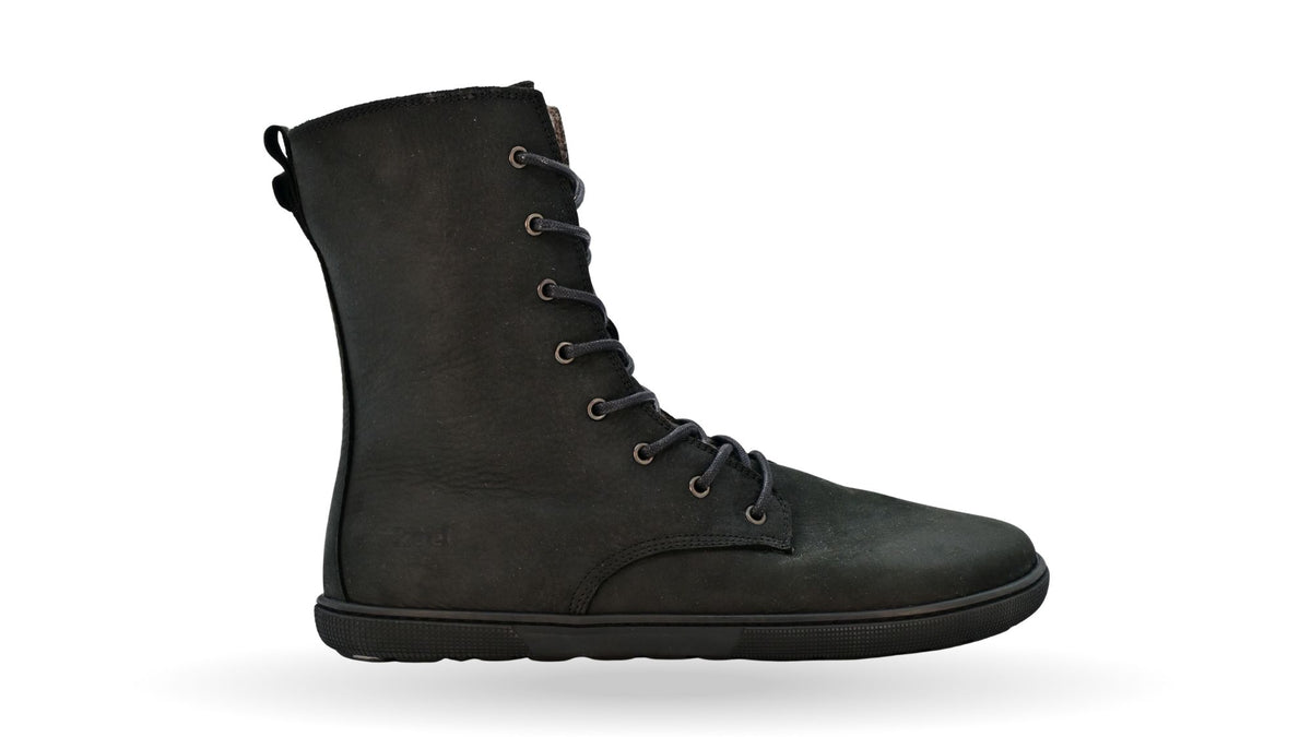 Barfußstiefel für Erwachsene mit Schnürung, breiter Zehenbox und geschlossenem Schaft, Seitenansicht außen