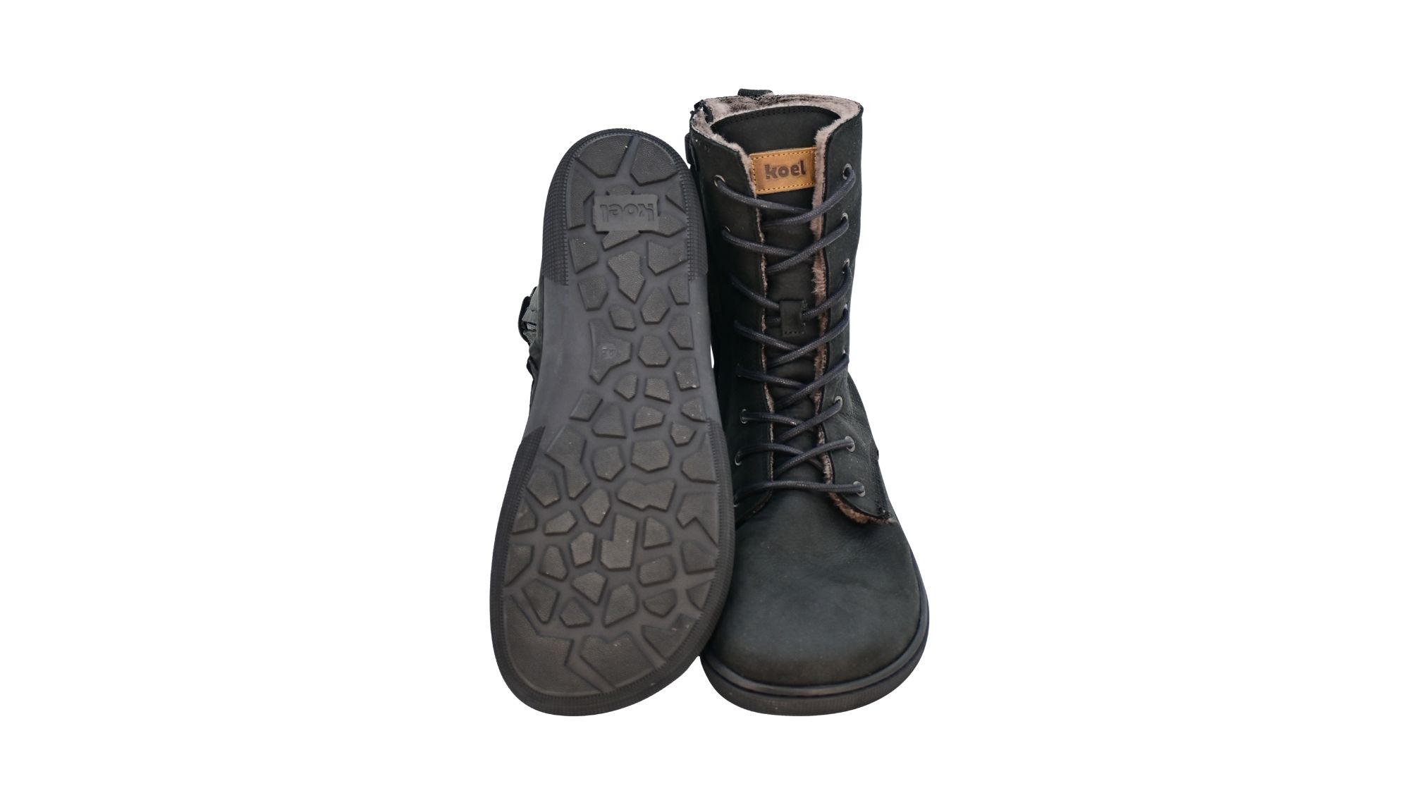 Barfußstiefel für Erwachsene mit flacher Sohle als Paar, Ansicht von unten und Vorderansicht