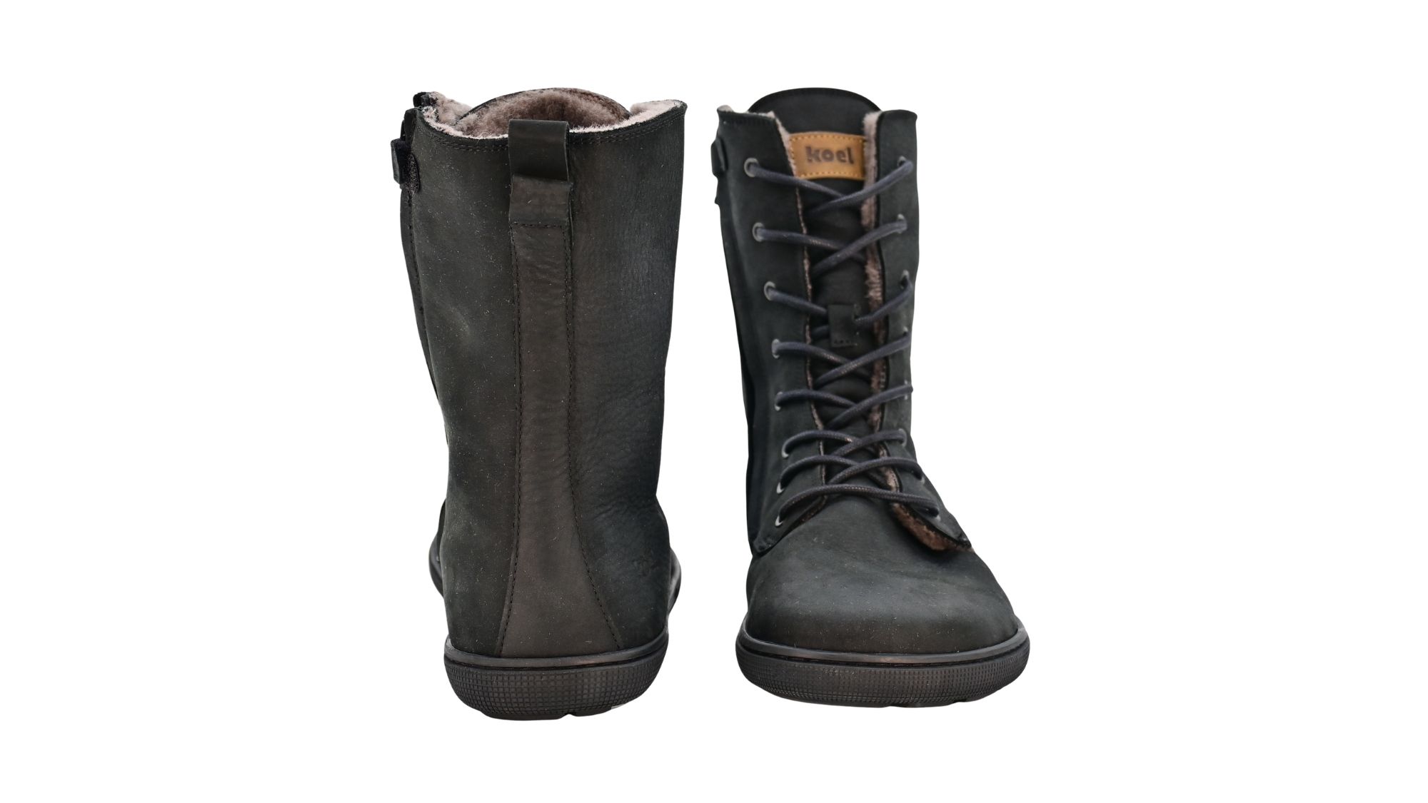 Barfußstiefel für Erwachsene mit flacher Sohle als Paar, Rückansicht und Vorderansicht