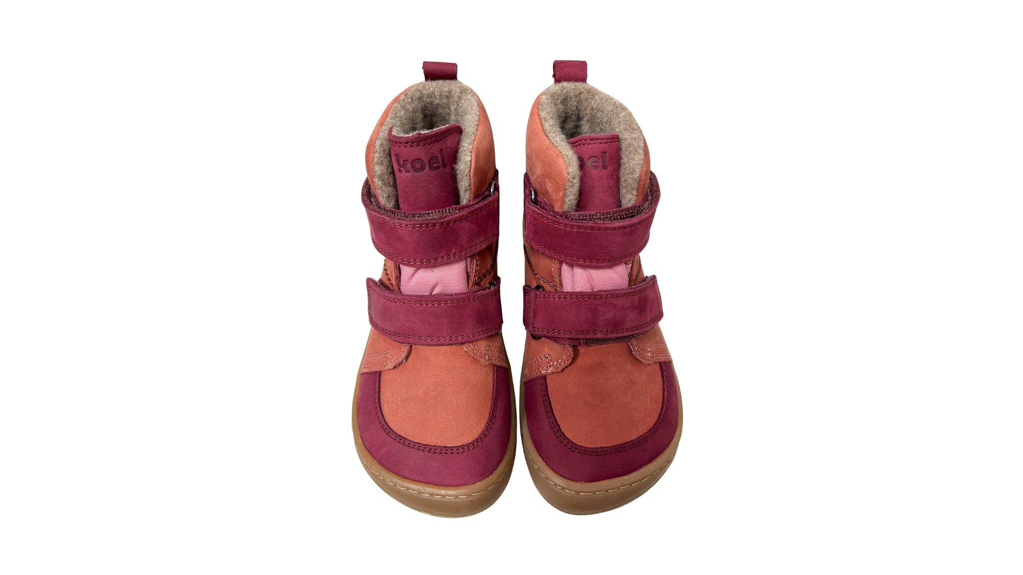Barfußschuh für Kinder mit zwei Klettverschlüssen, breiter Zehenbox und geschlossenem Schaft als Paar, Vorderansicht