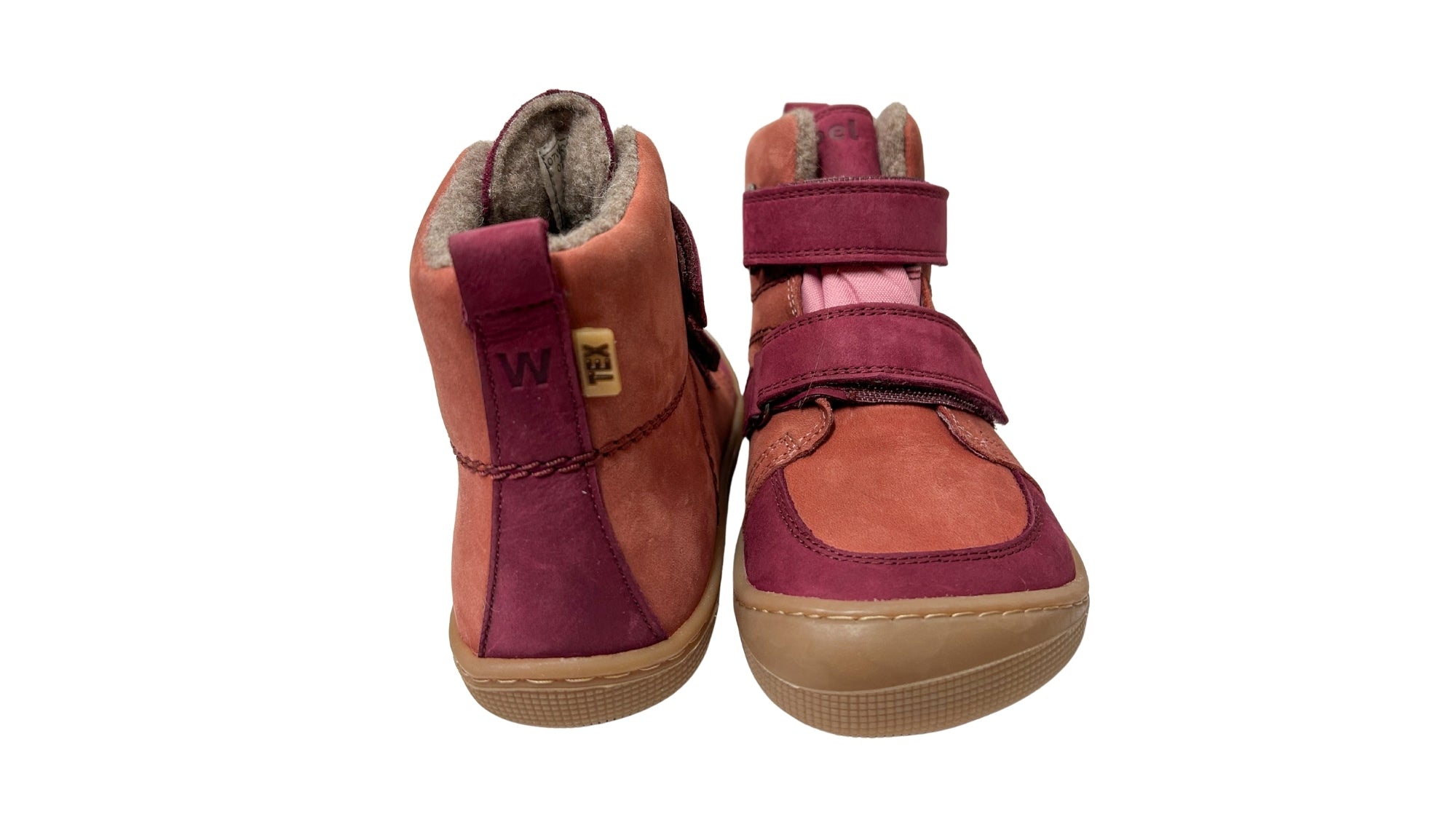 Barfußschuh für Kinder mit zwei Klettverschlüssen, breiter Zehenbox und geschlossenem Schaft als Paar, Rückansicht und Vorderansicht