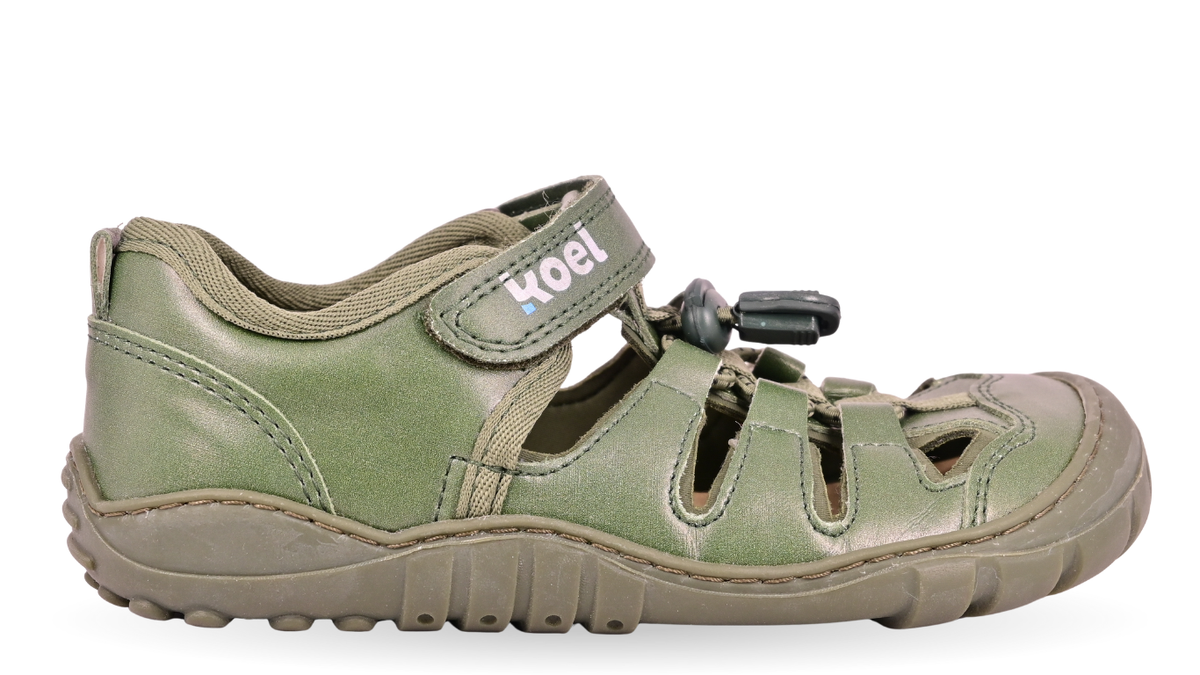 Barfußsandale für Kinder, geschlossene Zehenkappe und geschlossener Fersenbereich, Klettverschluss mit Schnellverschluss, flexible Profilsohle, Einzelschuh, Seitenansicht außen