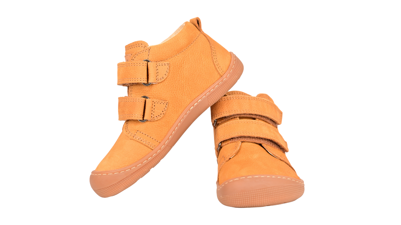 Barfußschuh für Kinder mit zwei Klettverschlüssen als Paar, Vorder- und Seitenansicht