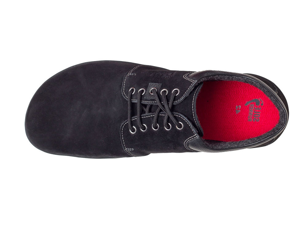 Barfußschuh, geschlossene Zehen und geschlossener Fersenbereich, Schnürsenkel, einzelner Schuh, Draufsicht