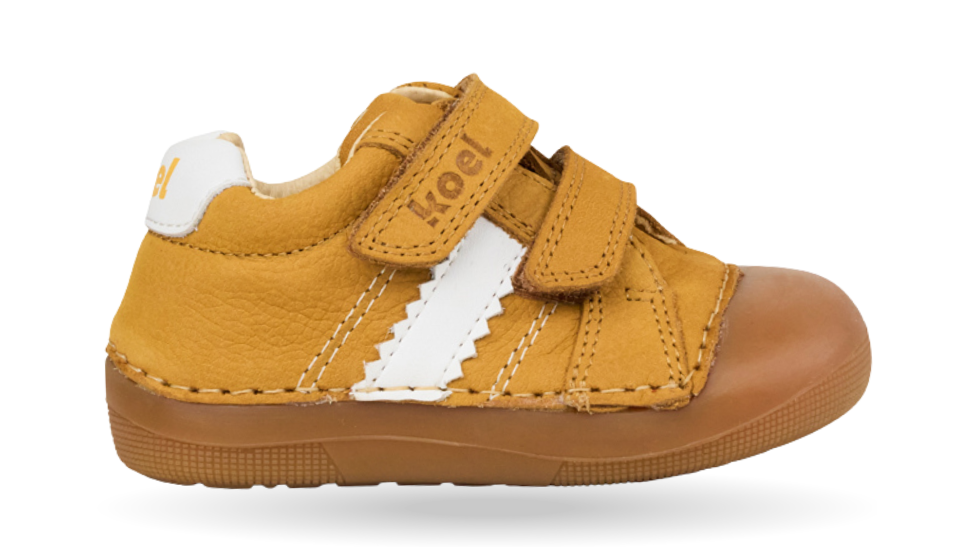 Barfußschuh für Kinder, geschlossene Zehenpartie, geschlossener Fersenbereich, zwei Klettverschlüsse, seitliche Streifen, flache Sohle, Seitenansicht außen
