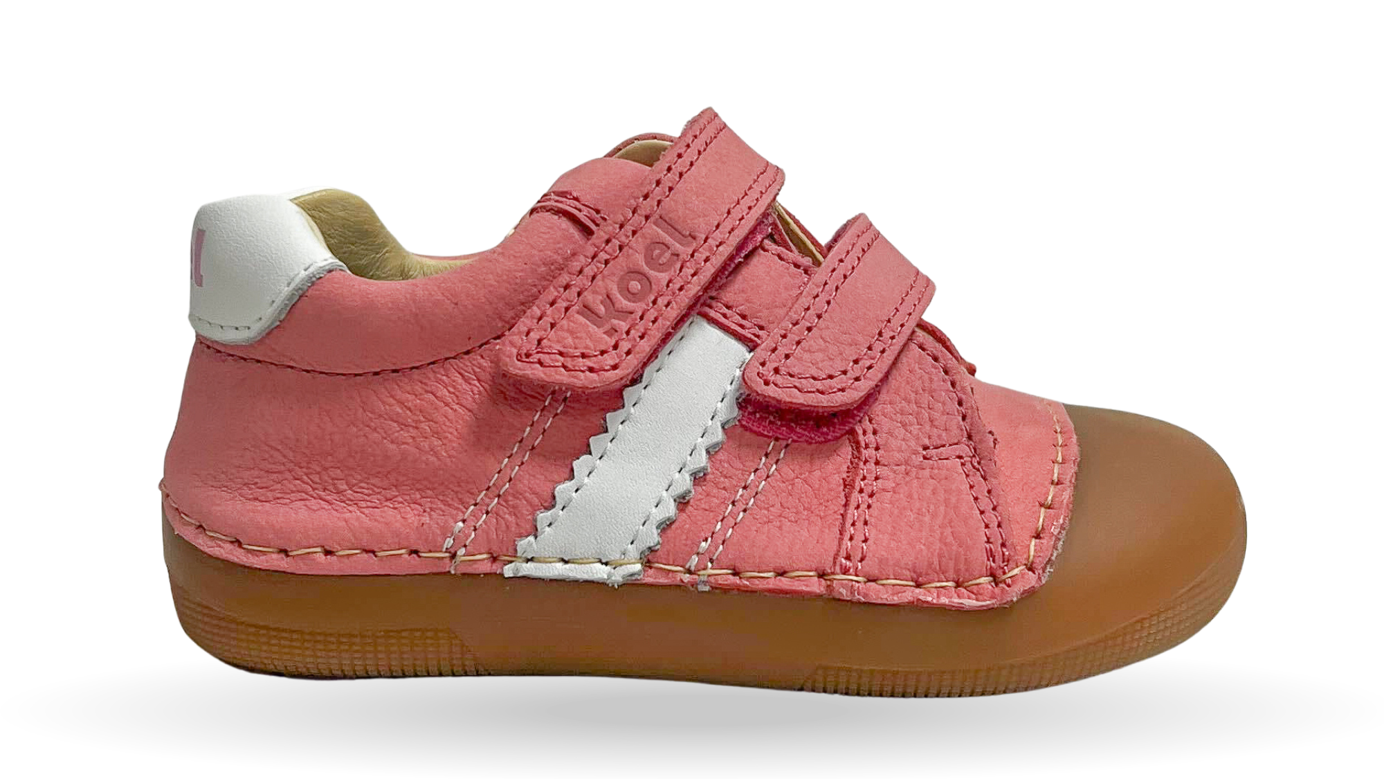 Barfußschuh für Kinder, geschlossene Zehenpartie, geschlossener Fersenbereich, zwei Klettverschlüsse, seitliche Streifen, flache Sohle, Seitenansicht außen
