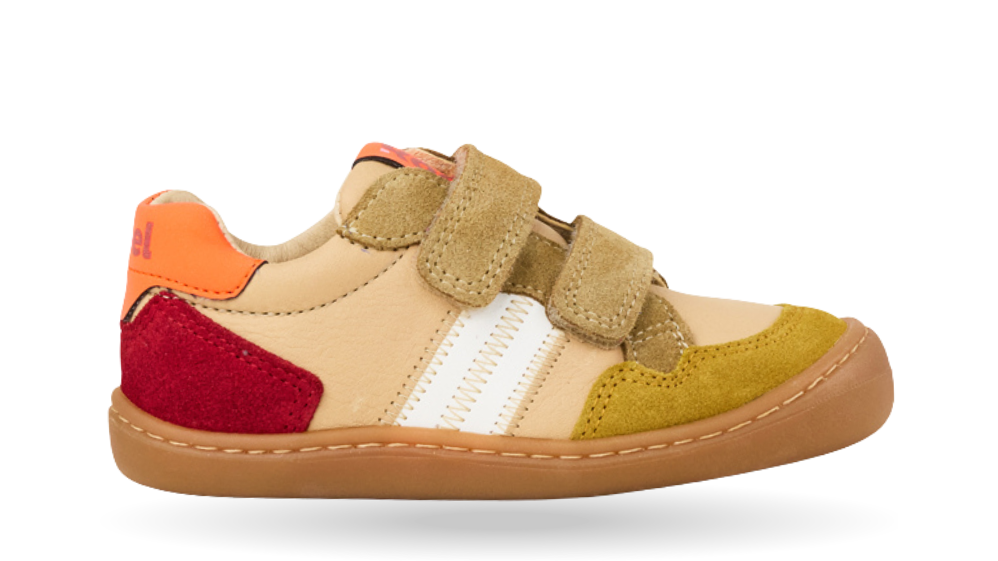 Barfußschuh für Kinder, geschlossene Zehenpartie, geschlossener Fersenbereich, zwei Klettverschlüsse, seitliche Streifen, Ziernähte im Seitenbereich, flache Sohle, Seitenansicht außen