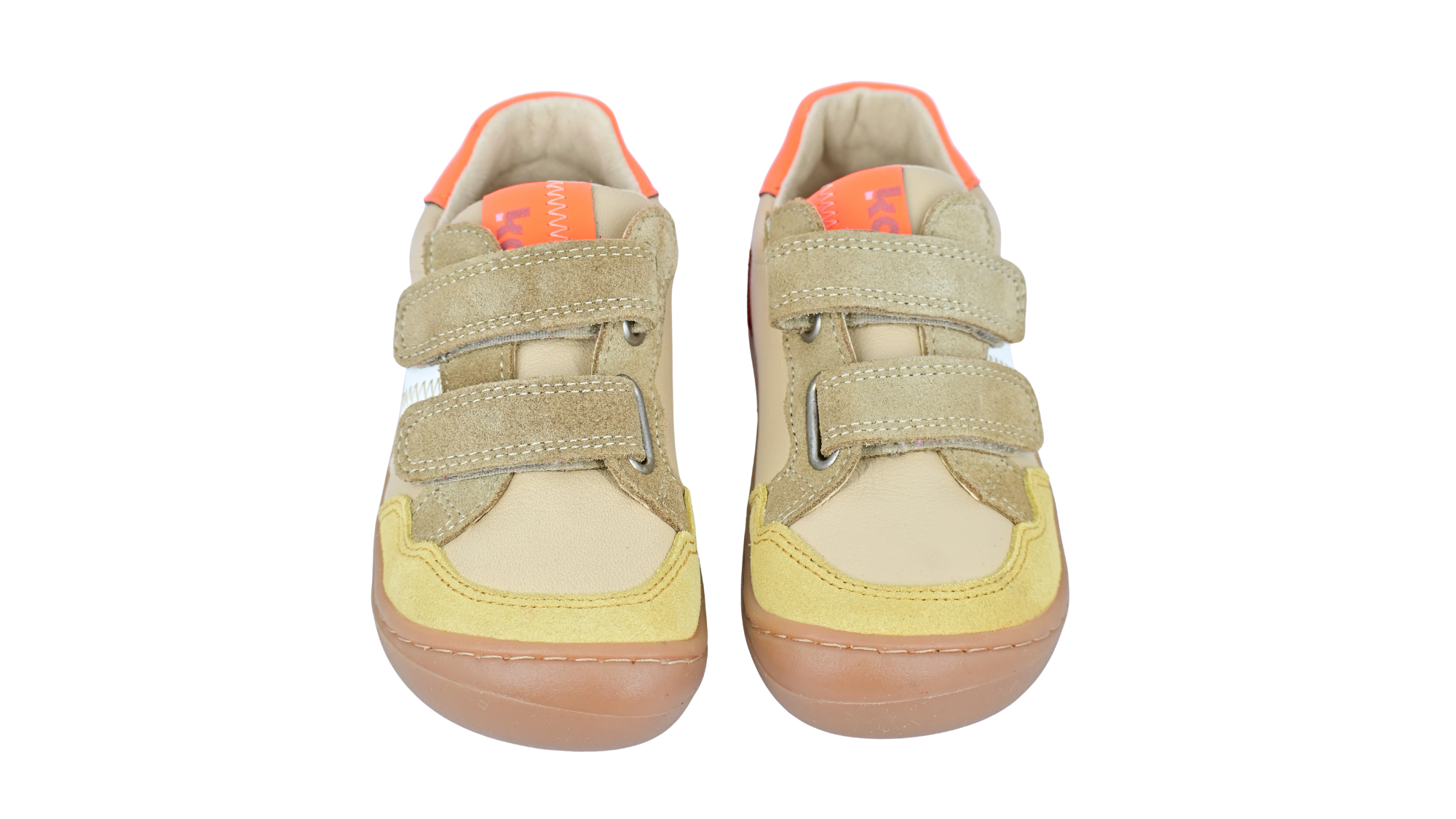 Barfußschuh für Kinder, geschlossene Zehenpartie, geschlossener Fersenbereich, zwei Klettverschlüsse, seitliche Streifen, Ziernähte im Seitenbereich, flache Sohle, Draufsicht als Paar