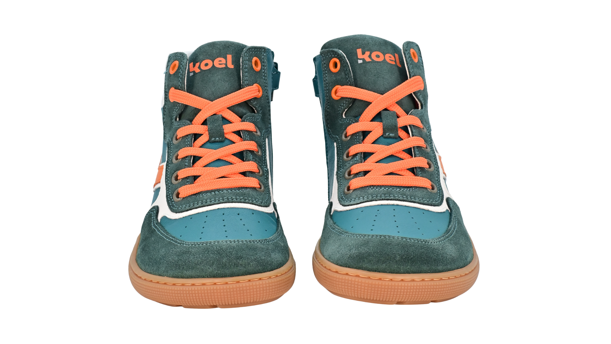 Barfußschuh für Kinder, geschlossene Zehenpartie, geschlossener Fersenbereich, Schnürung, hoher Schaft, seitliche Streifen, flache Sohle, Vorderansicht als Paar