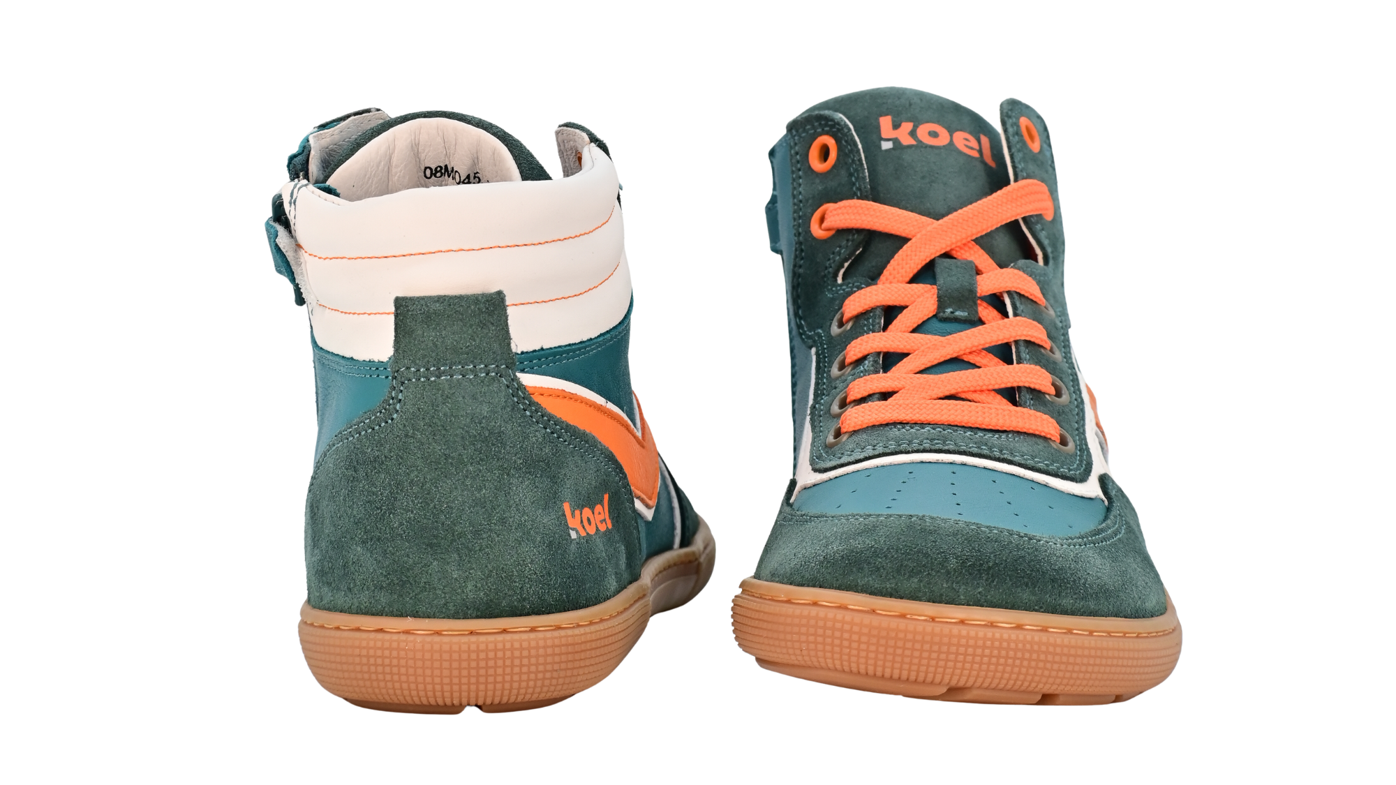 Barfußschuh für Kinder, geschlossene Zehenpartie, geschlossener Fersenbereich, Schnürung, hoher Schaft, seitliche Streifen, flache Sohle, Vorder- und Rückansicht als Paar