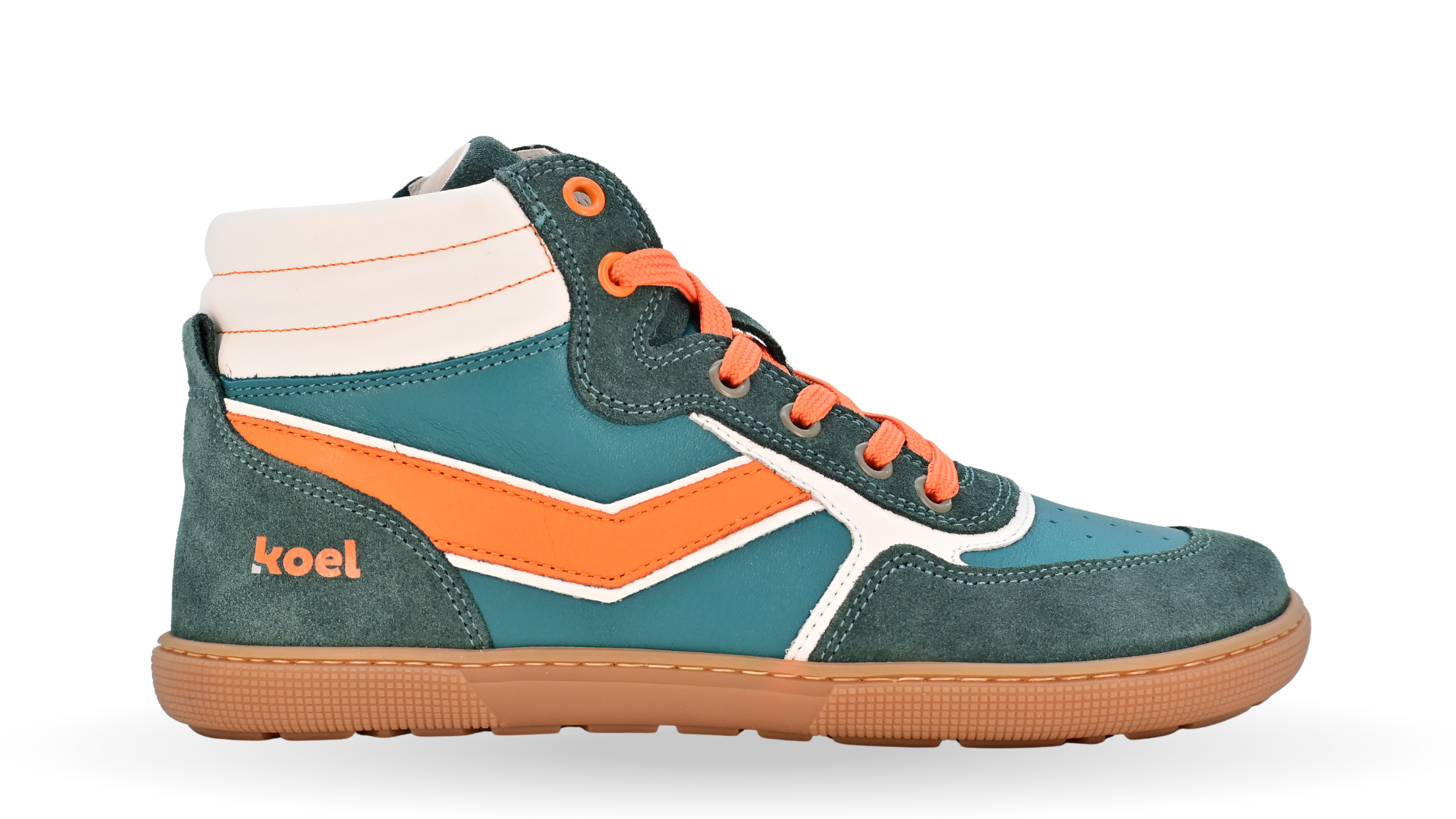 Barfußschuh für Kinder, geschlossene Zehenpartie, geschlossener Fersenbereich, Schnürung, hoher Schaft, seitliche Streifen, flache Sohle, Seitenansicht außen