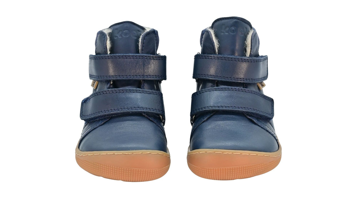 Gefütterter Barfußschuh für Kinder, knöchelhoch, geschlossene Zehen und geschlossener Fersenbereich, Doppelklettverschluss, flexible Sohle, Vorderansicht als Paar