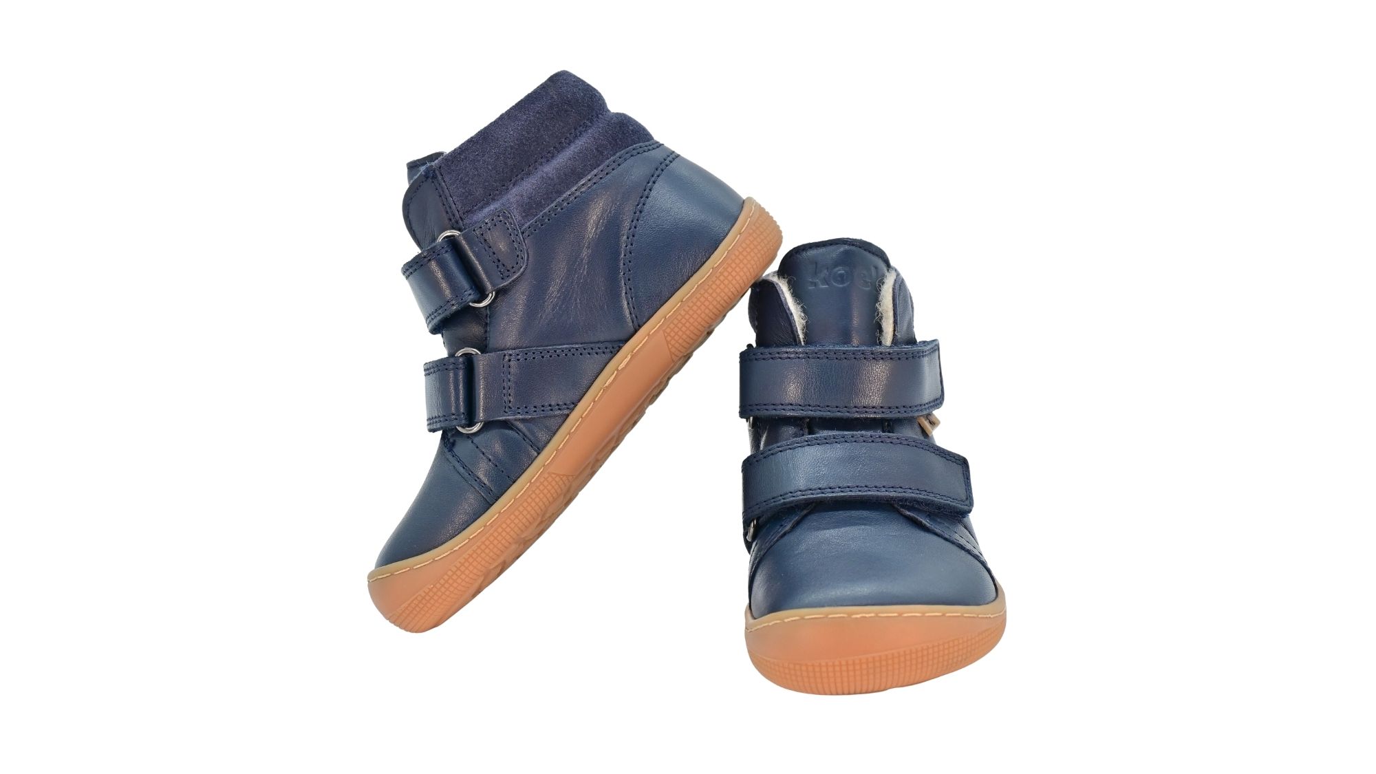 Gefütterter Barfußschuh für Kinder, knöchelhoch, geschlossene Zehen und geschlossener Fersenbereich, Doppelklettverschluss, flexible Sohle, Vorder- und Seitenansicht als Paar