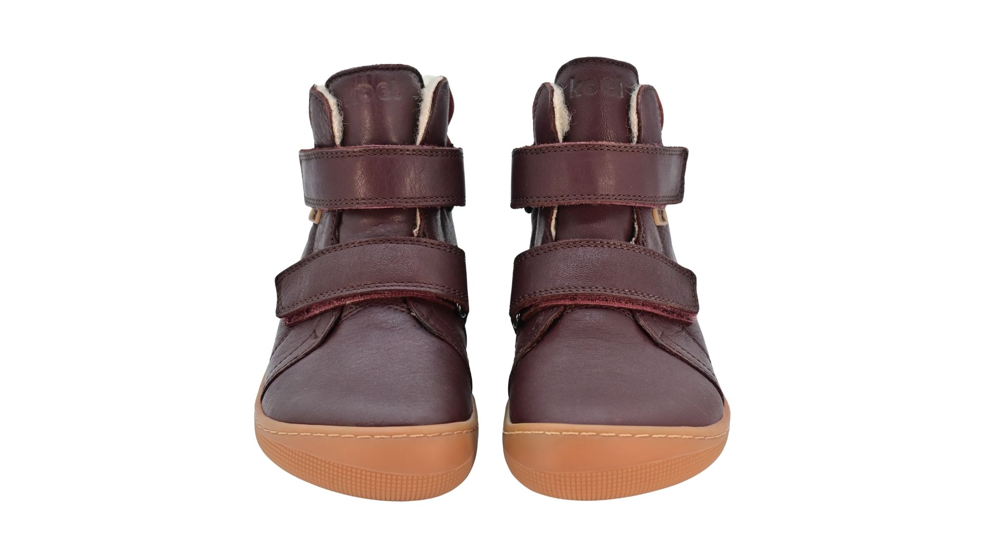 Gefütterter Barfußschuh für Kinder, knöchelhoch, geschlossene Zehen und geschlossener Fersenbereich, Doppelklettverschluss, flexible Sohle, Vorderansicht als Paar