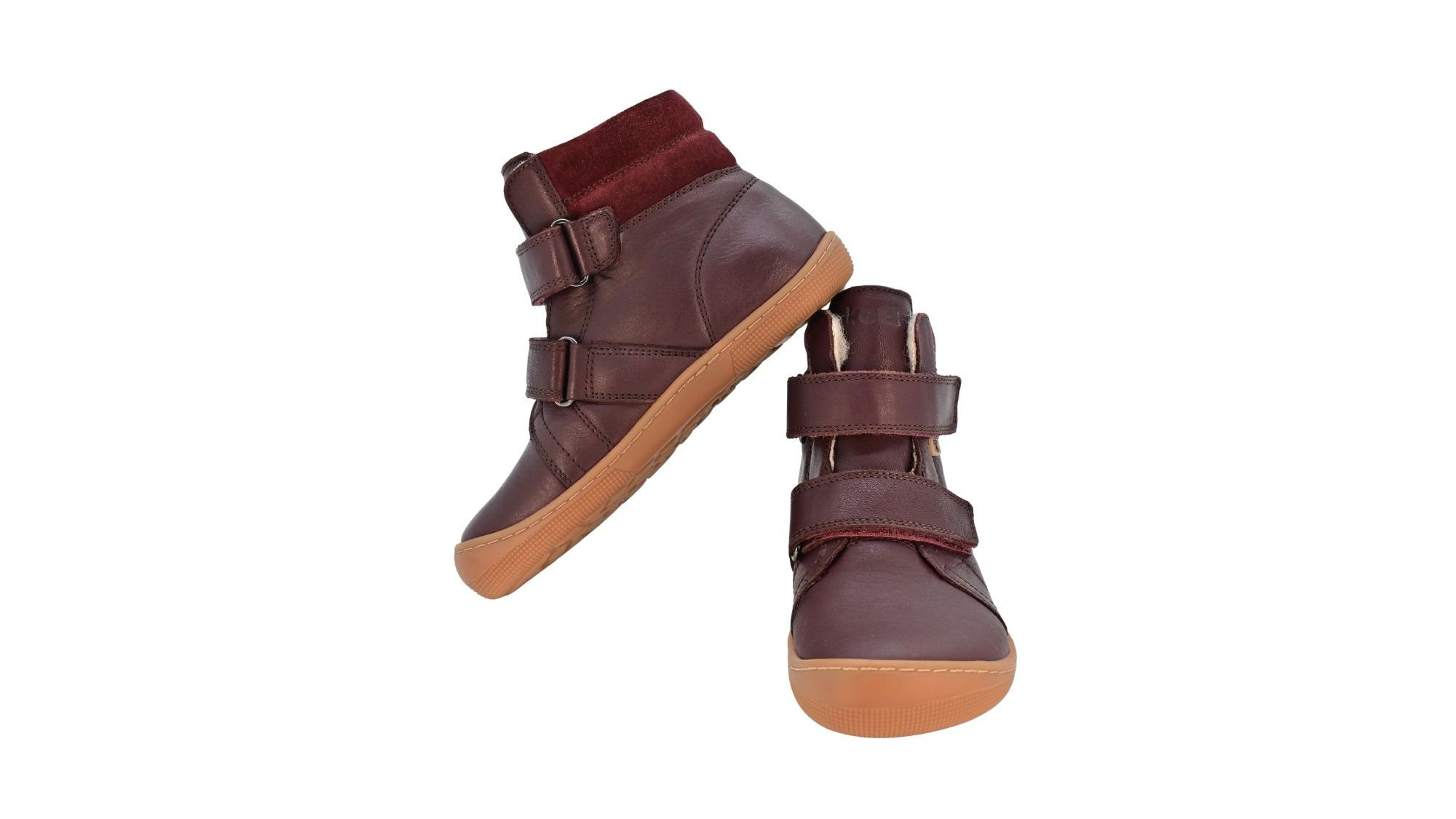 Gefütterter Barfußschuh für Kinder, knöchelhoch, geschlossene Zehen und geschlossener Fersenbereich, Doppelklettverschluss, flexible Sohle, Vorder- und Seitenansicht als Paar