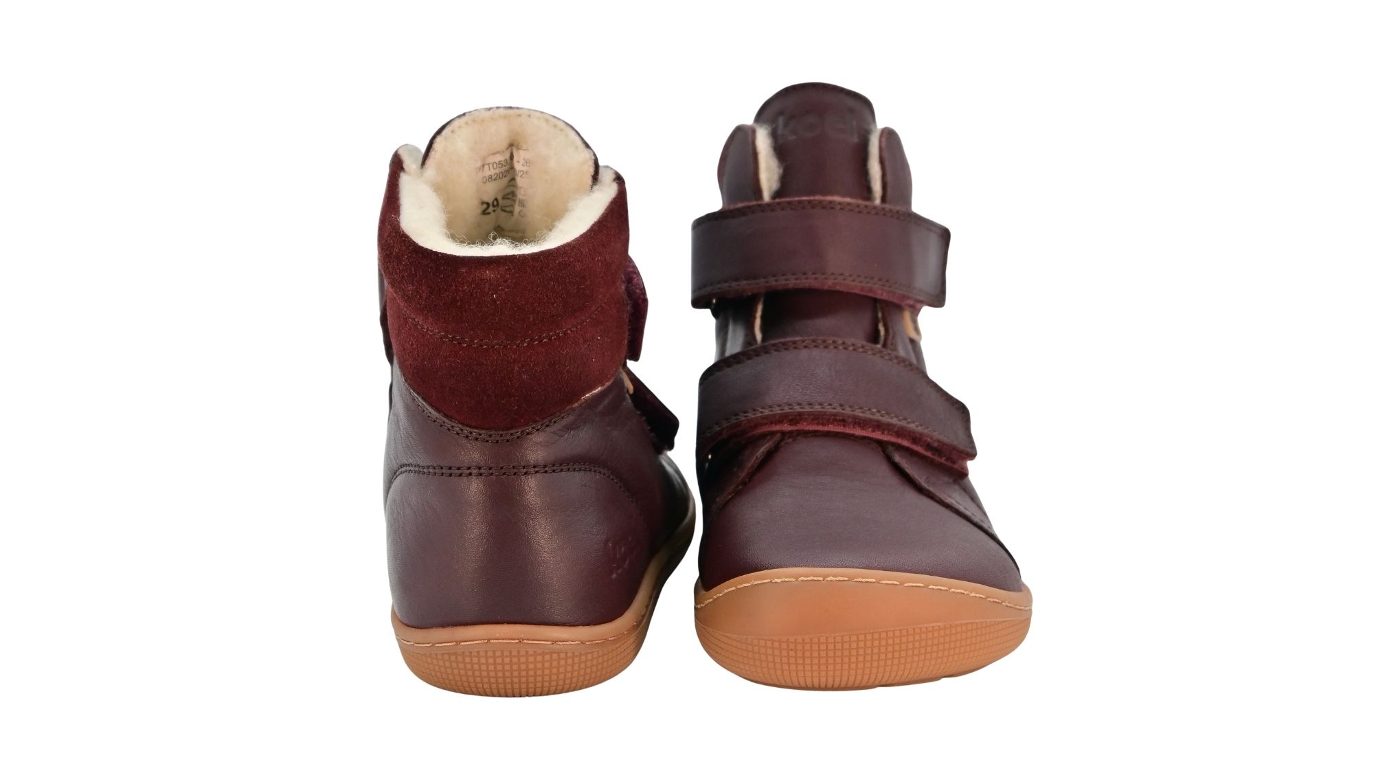 Gefütterter Barfußschuh für Kinder, knöchelhoch, geschlossene Zehen und geschlossener Fersenbereich, Doppelklettverschluss, flexible Sohle, Vorder- und Rückansicht als Paar