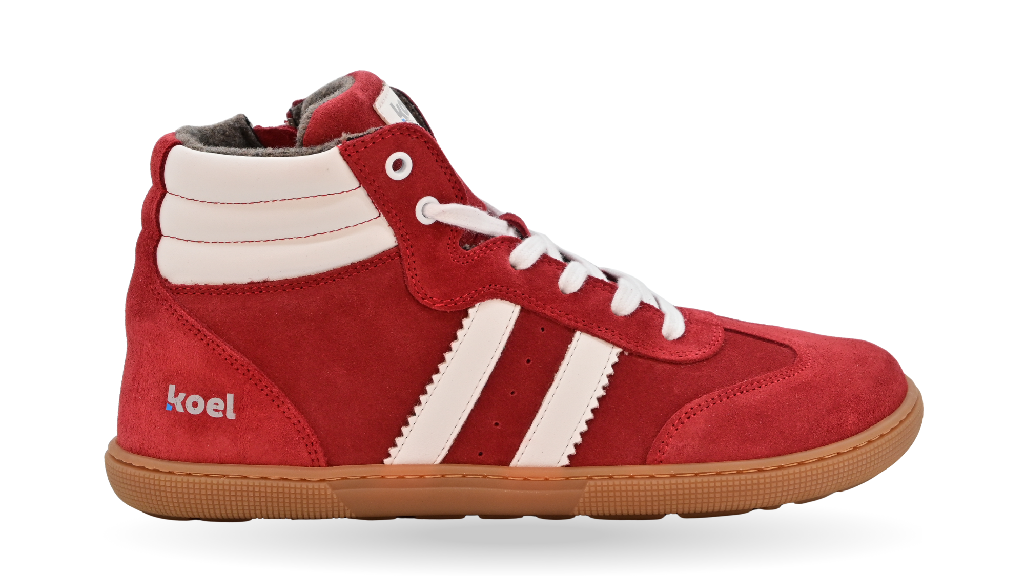 Barfußschuh für Kinder, geschlossene Zehenpartie, geschlossener Fersenbereich, Schnürung, hoher Schaft, gepolsterter Schaftrand, seitliche Streifen, flache Sohle, Seitenansicht außen