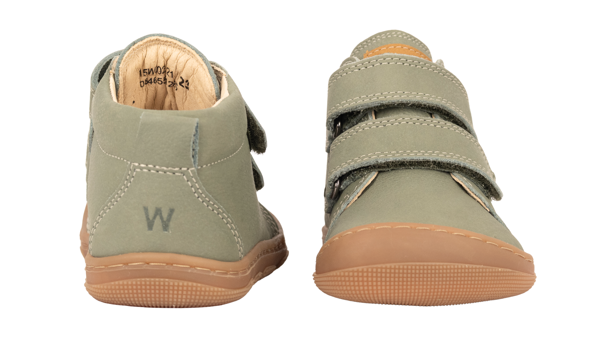 Paar Halbhoher Barfußschuhe für Kinder mit zwei Klettverschlüssen, breiter Zehenbox, geschlossener Ferse und flexibler Gummisohle, Ansicht von vorn und hinten