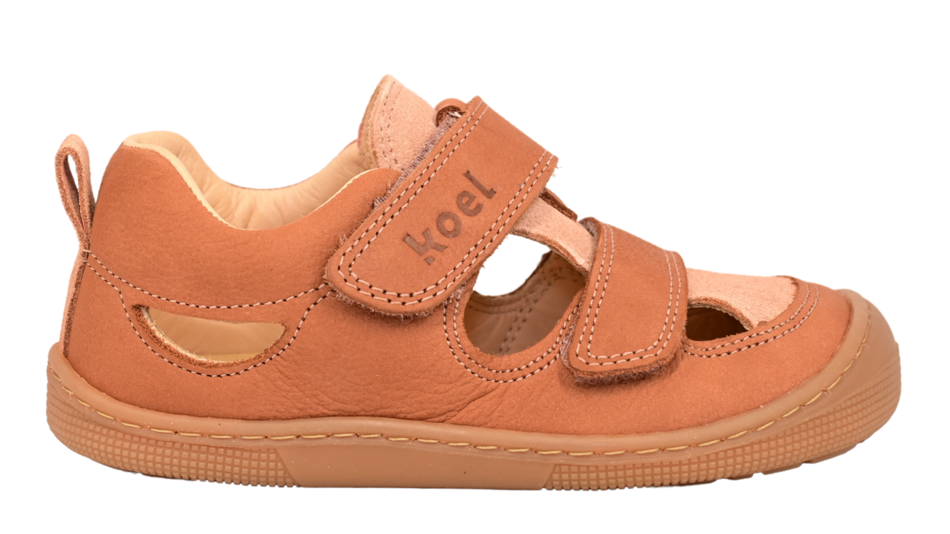 Barfußsandale für Kinder, geschlossene Zehenkappe und geschlossener Fersenbereich, Doppelklettverschluss, flexible Sohle, Einzelschuh, Seitenansicht außen