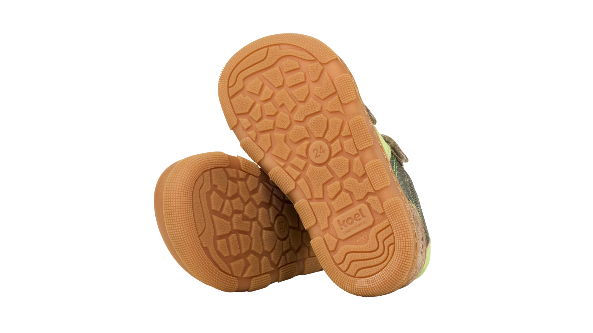 Barfußschuh für Kinder, geschlossene Zehen und geschlossener Fersenbereich, Doppelklettverschluss, flexible Sohle, Ansicht von unten als Paar