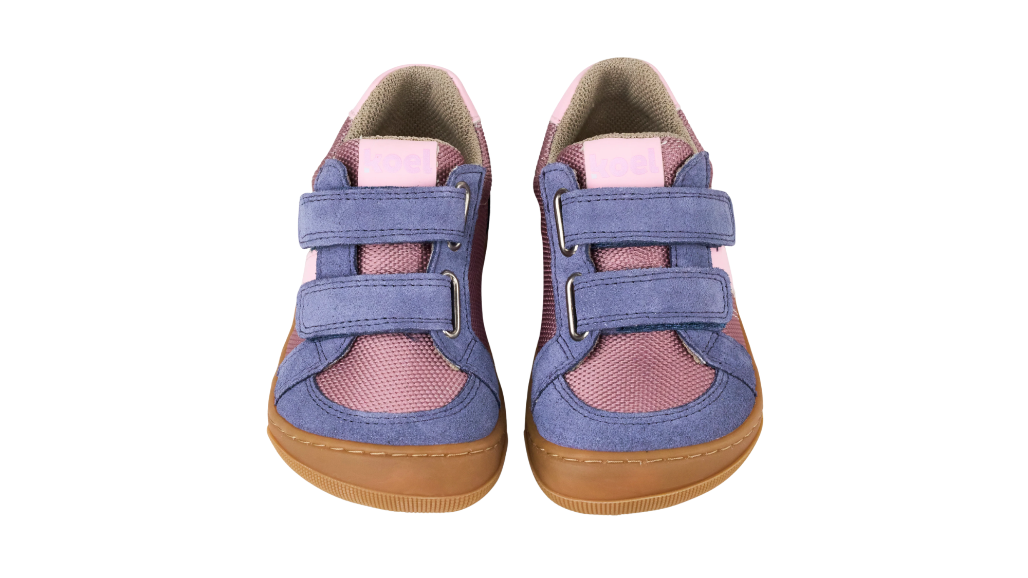 Barfußschuh für Kinder, geschlossene Zehen und geschlossener Fersenbereich, Doppelklettverschluss, flexible Sohle, Vorderansicht als Paar