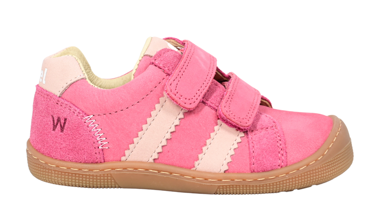 Barfußschuh für Kinder, geschlossene Zehen und geschlossener Fersenbereich, Doppelklettverschluss, flexible Sohle, Einzelschuh, Seitenansicht außen