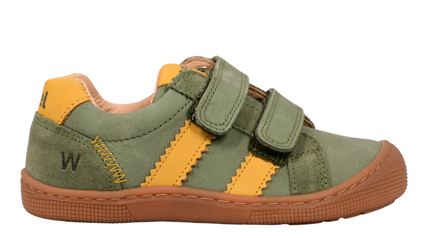 Barfußschuh für Kinder, geschlossene Zehen und geschlossener Fersenbereich, Doppelklettverschluss, flexible Sohle, Einzelschuh, Seitenansicht außen