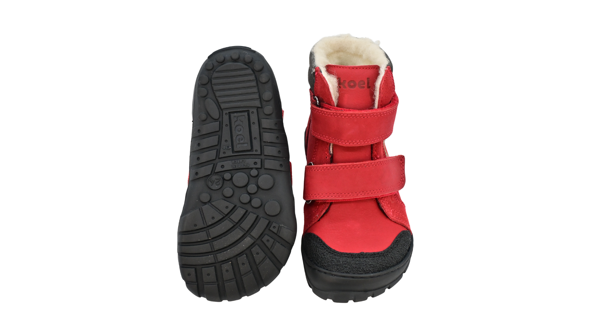 Koel Milo 3.0 Hydro WP, wasserdichter Leder-Kinderstiefel mit zwei Klettverschlüssen und robuster Profilsohle, Vorderansicht und Ansicht von unten als Paar