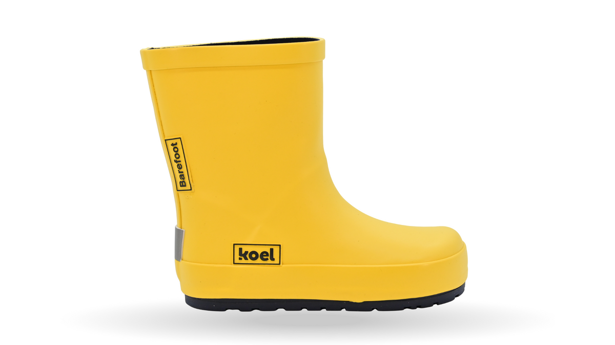 Barfußgummistiefel für Kinder, hoher Schaft, geschlossene Zehen und geschlossener Fersenbereich, flexible Profilsohle, Einzelschuh, Seitenansicht außen