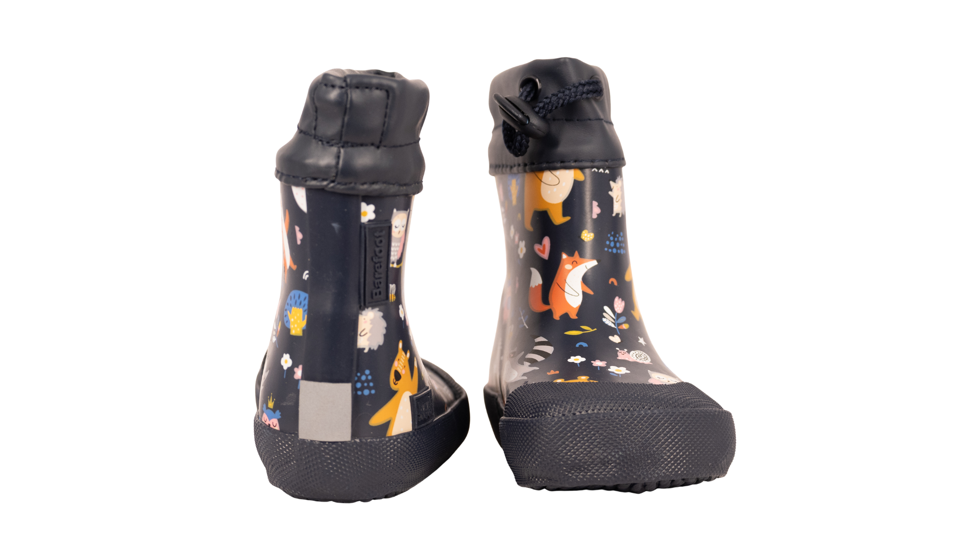 Gummistiefel für Kinder, geschlossene Zehenpartie, geschlossener Fersenbereich, hoher Schaft mit Gummizug und Stopper, gemustertes Obermaterial, profilierte Sohle, Rück- und Vorderansicht, Paar