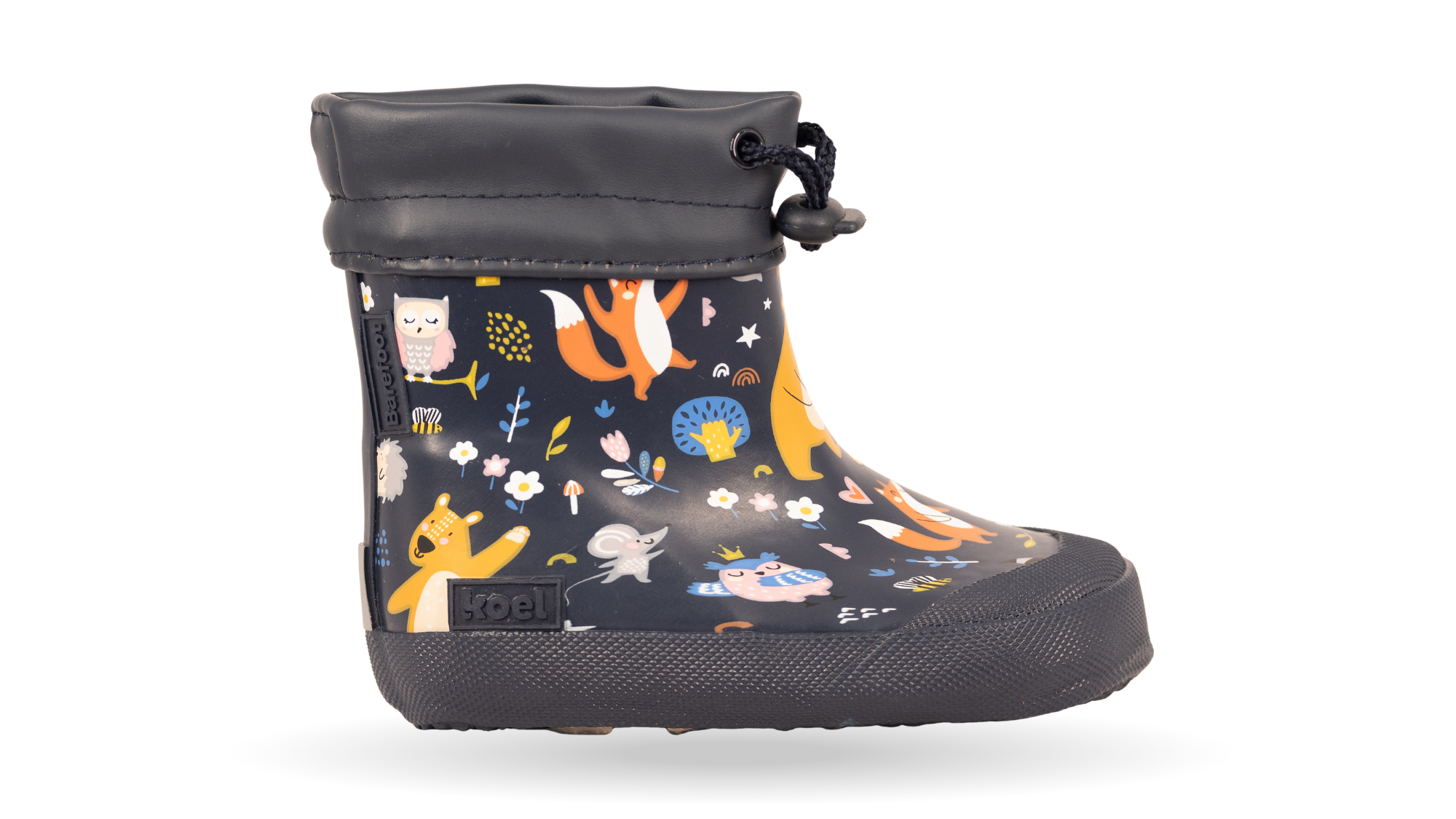 Gummistiefel für Kinder, geschlossene Zehenpartie, geschlossener Fersenbereich, hoher Schaft mit Gummizug und Stopper, gemustertes Obermaterial, profilierte Sohle, Seitenansicht außen