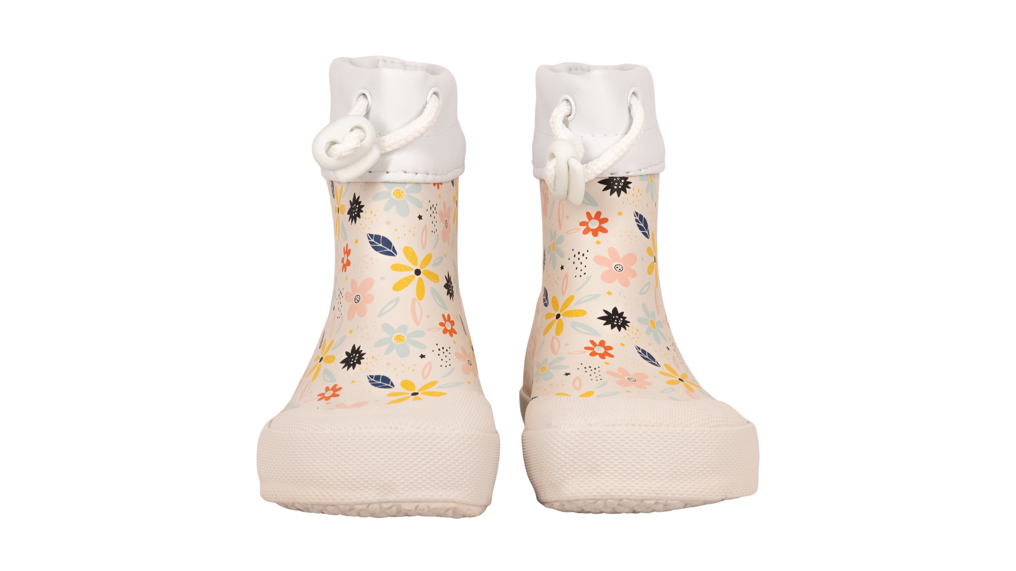 Gummistiefel für Kinder, geschlossene Zehenpartie, geschlossener Fersenbereich, hoher Schaft mit Gummizug und Stopper, gemustertes Obermaterial, profilierte Sohle, Vorderansicht, Paar