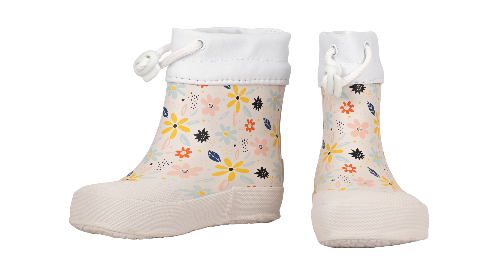 Gummistiefel für Kinder, geschlossene Zehenpartie, geschlossener Fersenbereich, hoher Schaft mit Gummizug und Stopper, gemustertes Obermaterial, profilierte Sohle, Seiten- und Vorderansicht, Paar