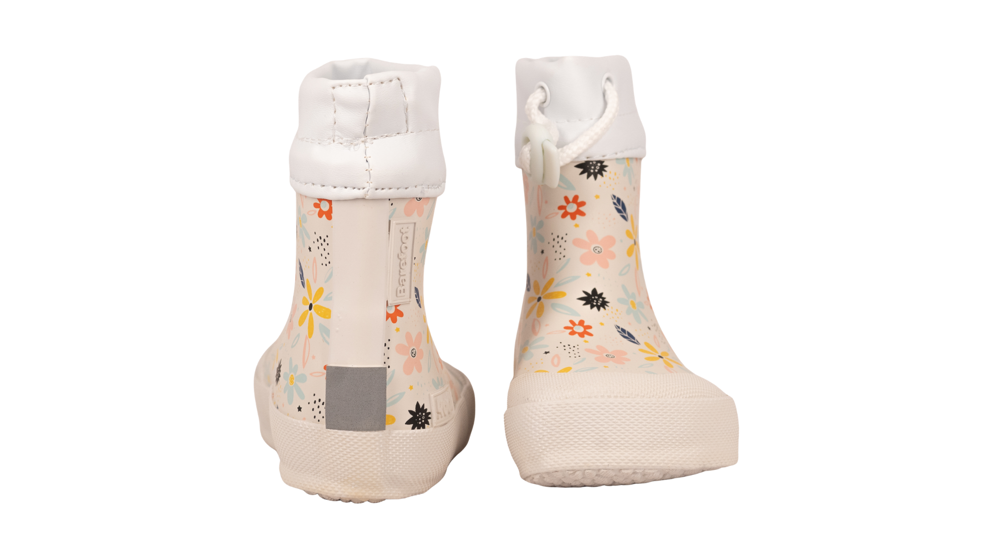 Gummistiefel für Kinder, geschlossene Zehenpartie, geschlossener Fersenbereich, hoher Schaft mit Gummizug und Stopper, gemustertes Obermaterial, profilierte Sohle, Rück- und Vorderansicht, Paar