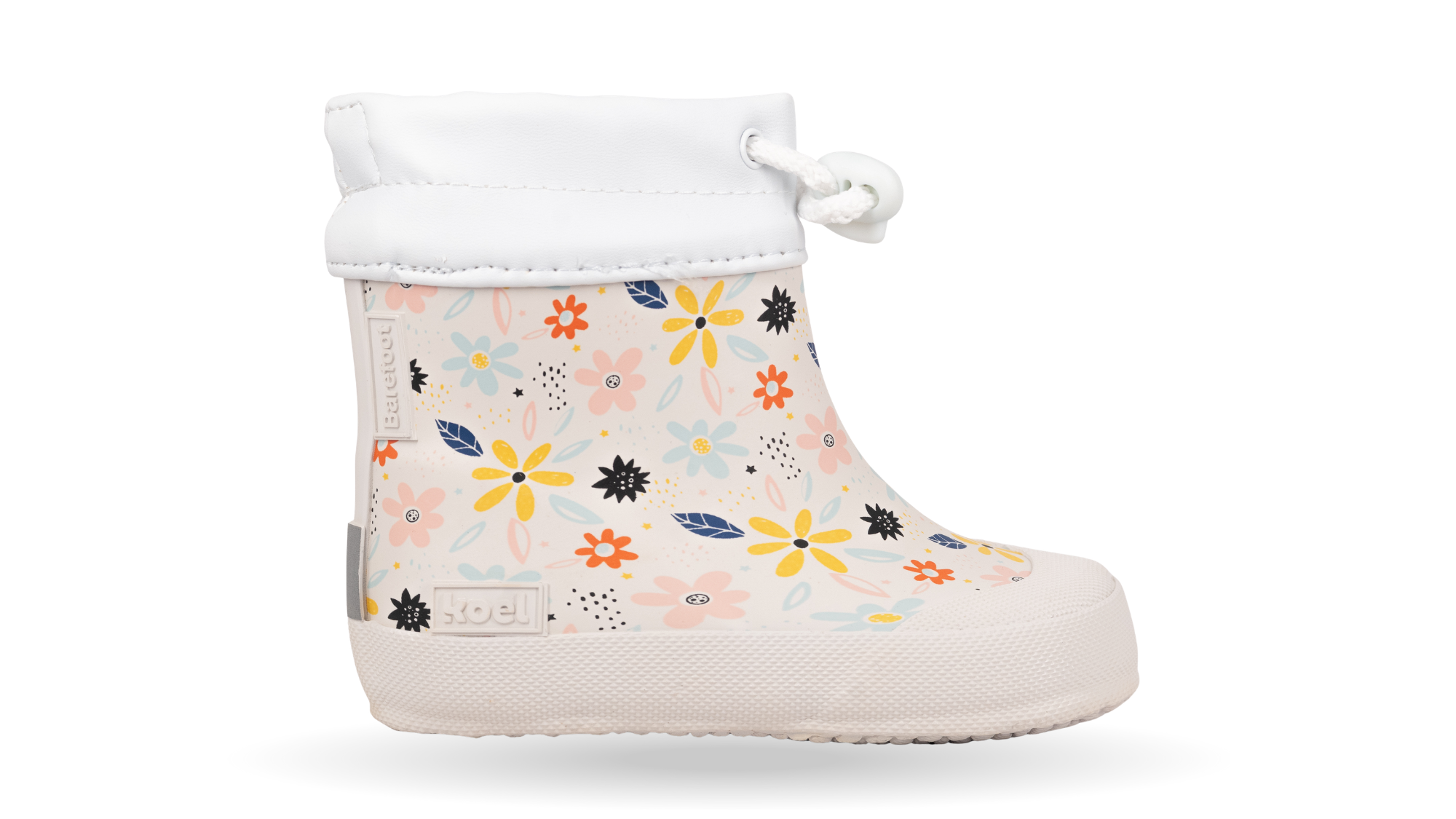 Gummistiefel für Kinder, geschlossene Zehenpartie, geschlossener Fersenbereich, hoher Schaft mit Gummizug und Stopper, gemustertes Obermaterial, profilierte Sohle, Seitenansicht außen