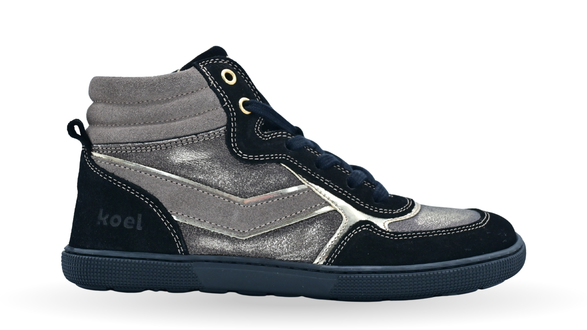 Halbhoher Barfuß-Sneaker für Kinder mit breiter Zehenbox, Schnürung und gepolstertem Schaft, Seitenansicht außen