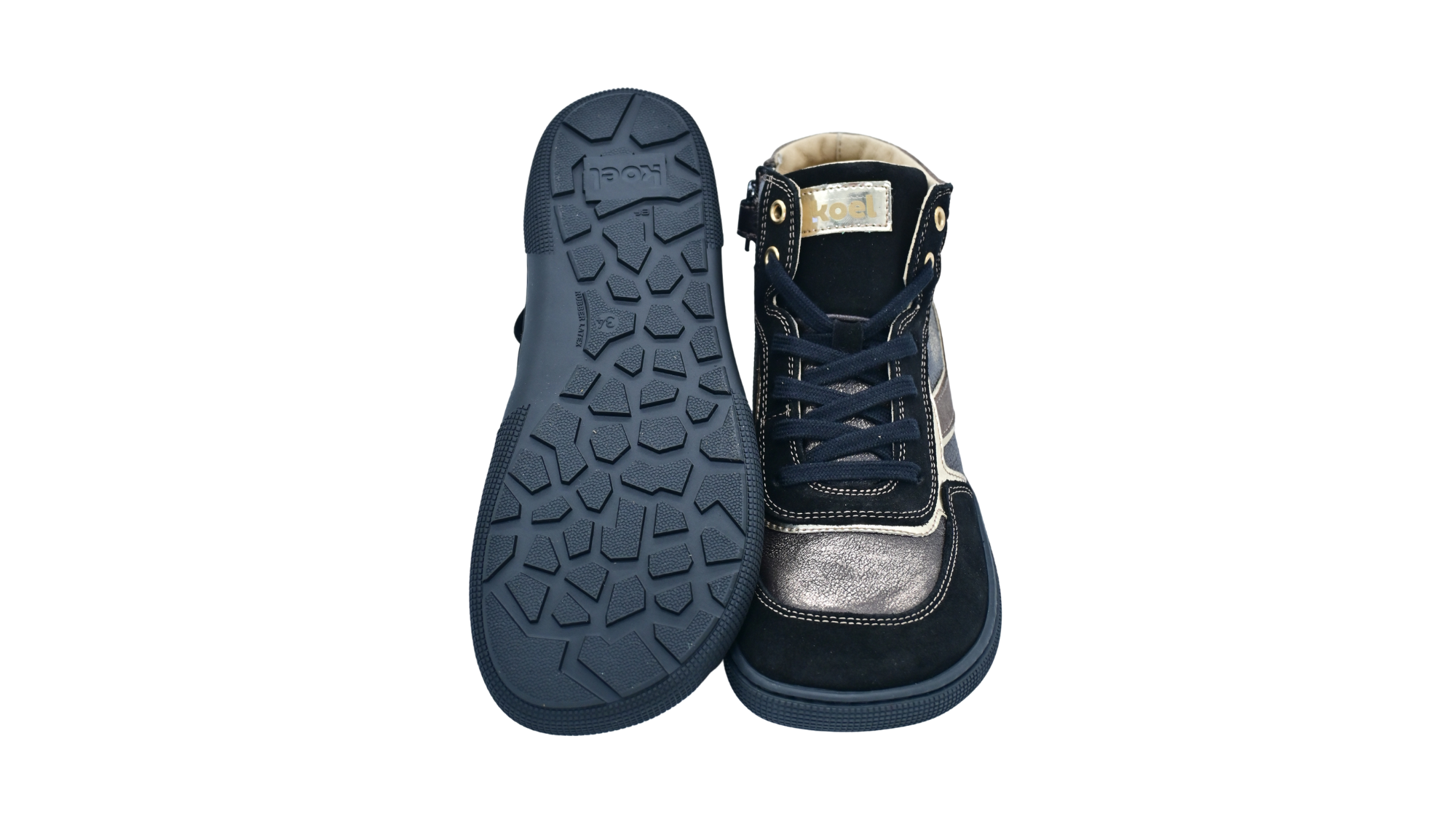 Paar Halbhoher Barfuß-Sneaker für Kinder mit profilierter Laufsohle und breiter Zehenbox, Ansicht von unten und oben